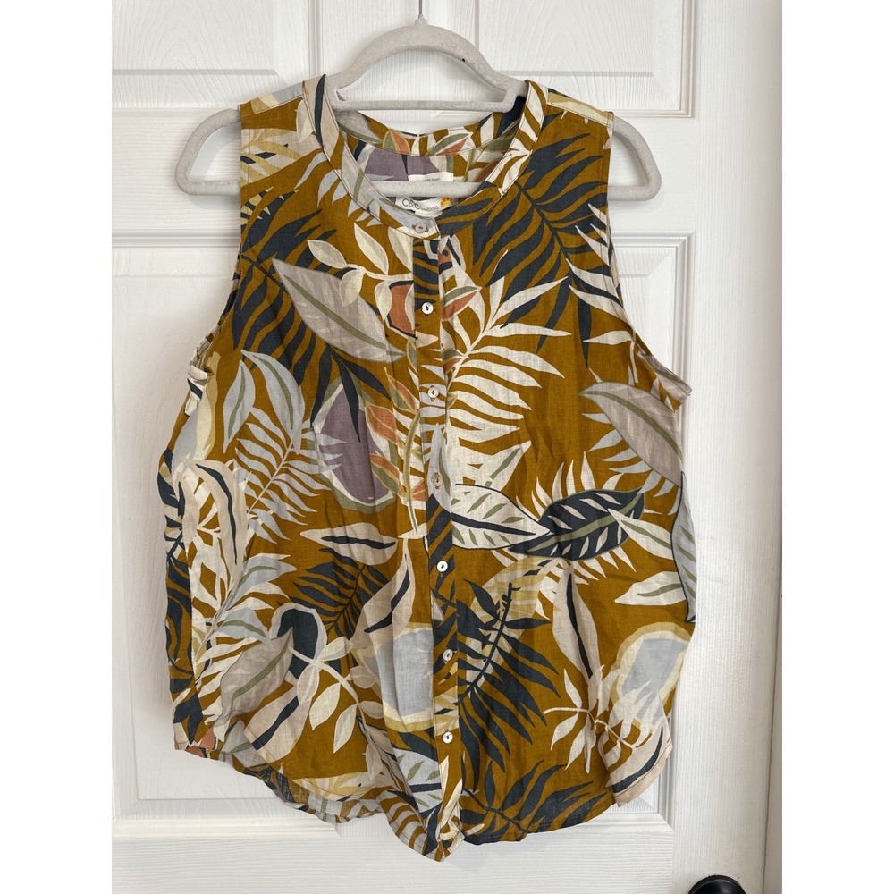 C&C California Women Large 100% Linen Tropical Palm Print Sleeveless Top Mustard